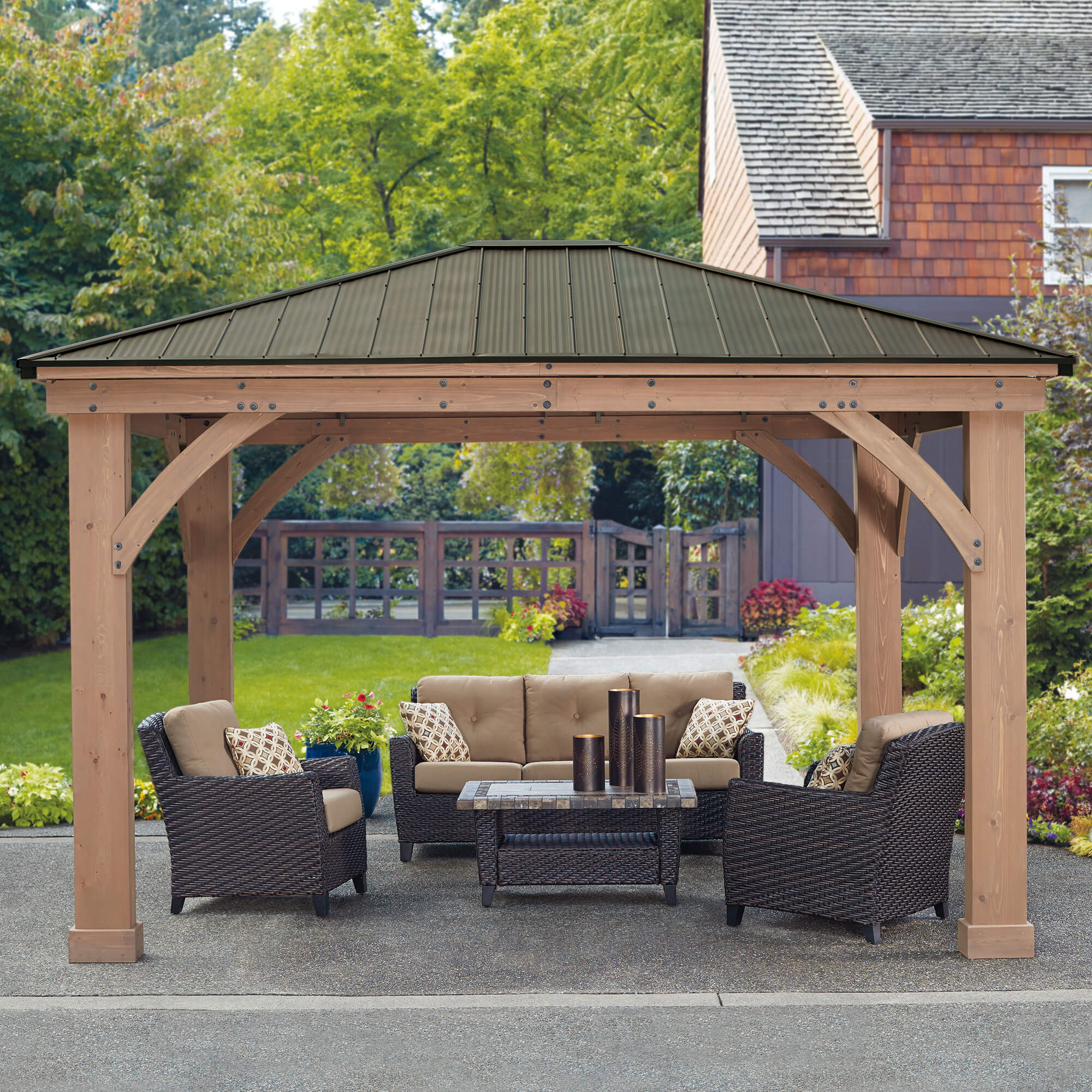 Yardistry 12 x 14 Foot Mocha Brown Wood Gazebo with Montana Bronze Aluminum Roof