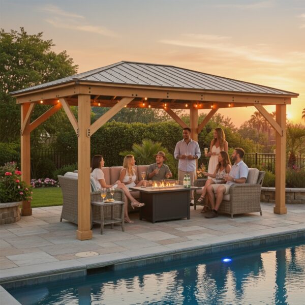 Yardistry Meridian Gazebo Natural Cedar Stain 12 x 16 ft Cedar Wood Aluminum Roof