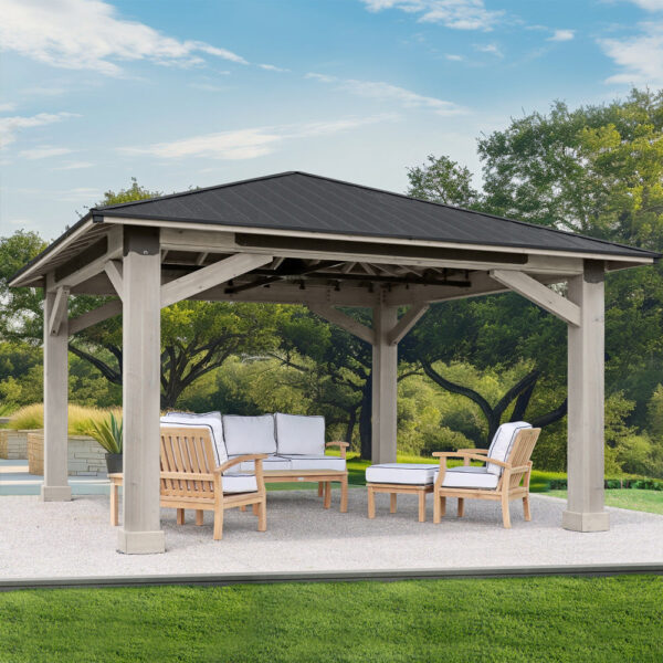 Yardistry Structures Timber Frame Gazebo 16 x 16 Ft Timber Grey/Graphite Gray With Aluminum Roof