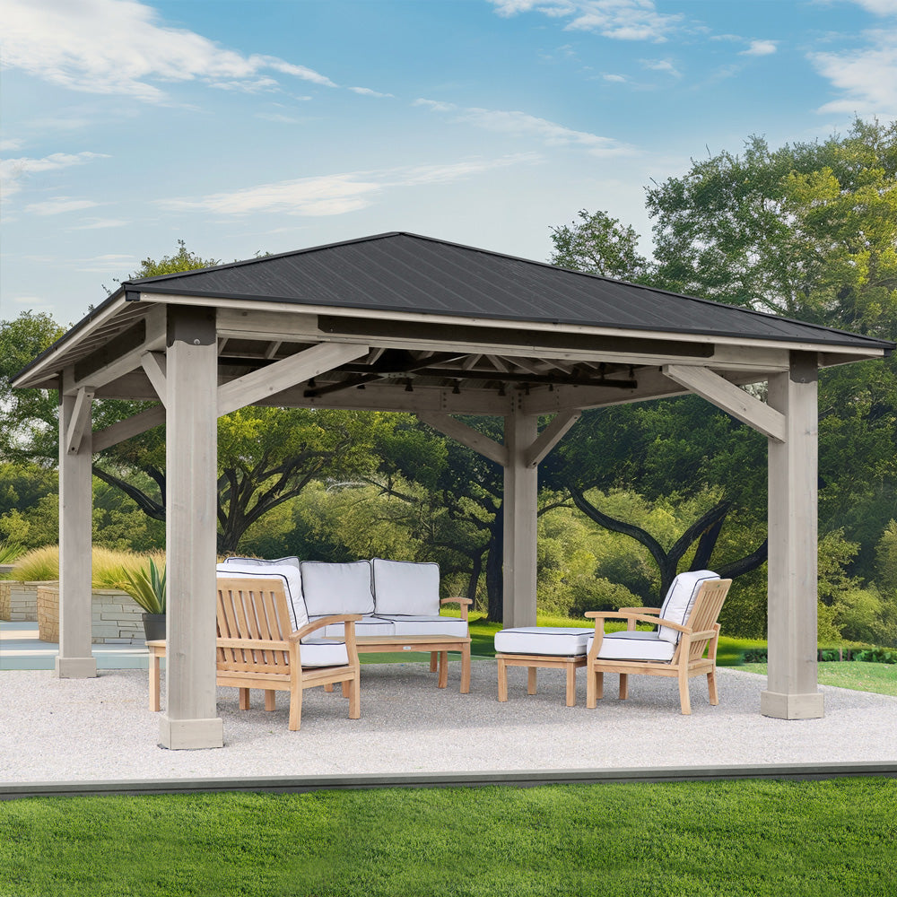 Yardistry Structures Timber Frame Gazebo 16 x 16 Ft Timber Grey/Graphite Gray With Aluminum Roof