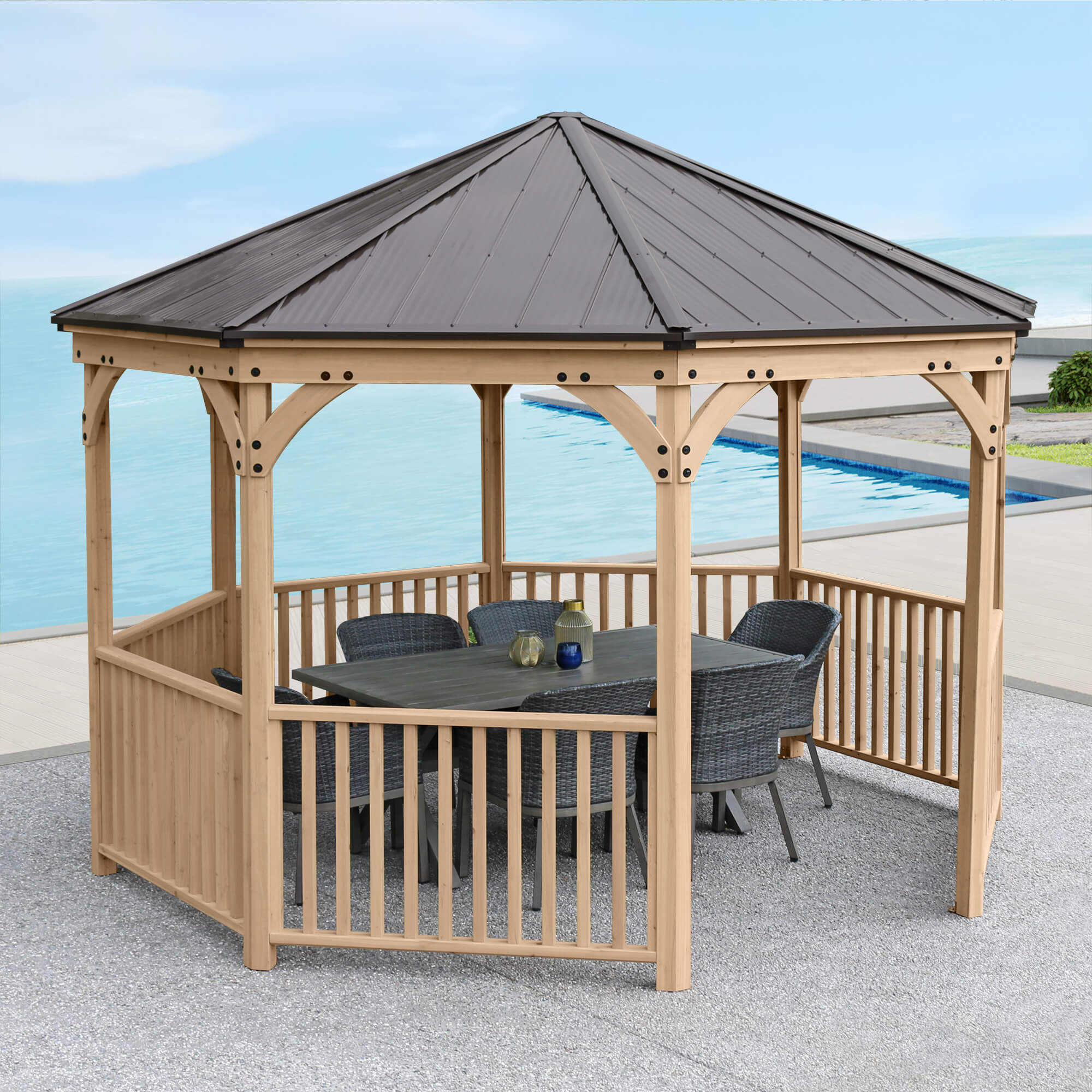Yardistry Structures 12 ft. Meridian Octagon Cedar Gazebo with Aluminum Roof - Image 4