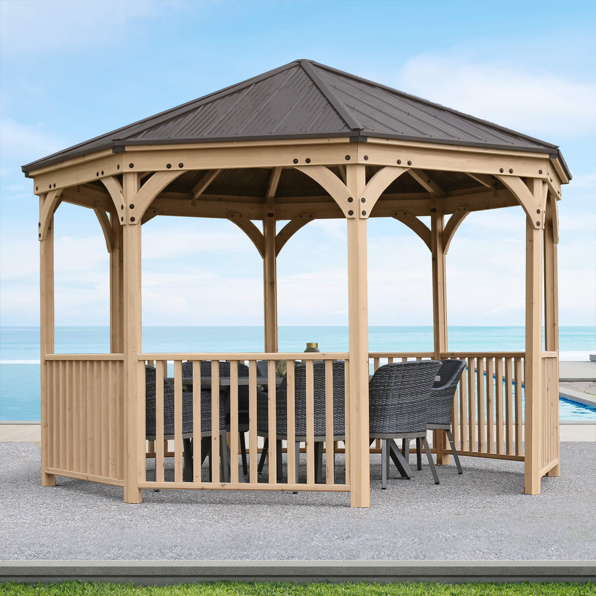 Yardistry Structures 12 ft. Meridian Octagon Cedar Gazebo with Aluminum Roof - Image 3