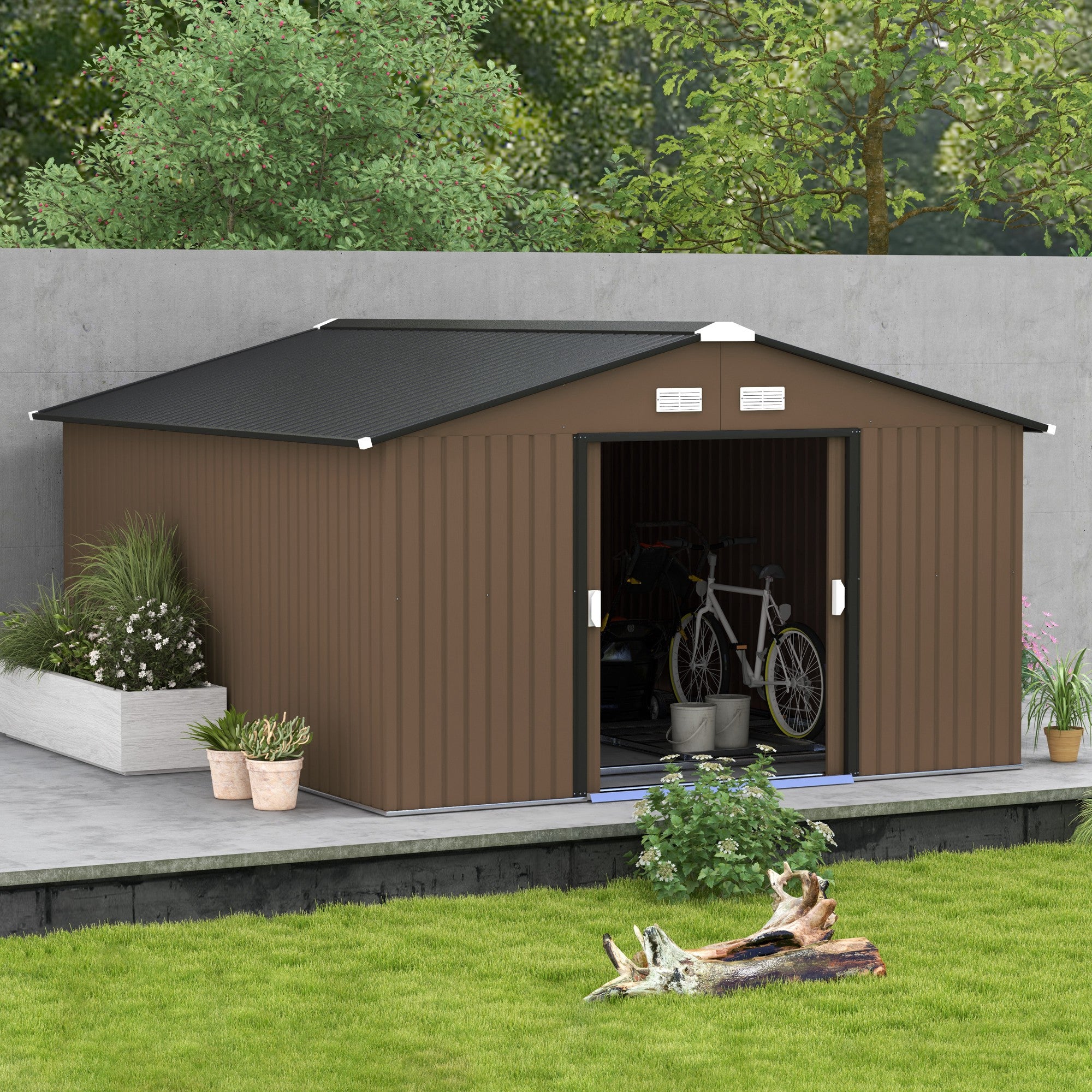 Outsunny EverBase Outdoor Storage Shed Brown 11 ft. x 13 ft. Galvanized Steel - Image 4