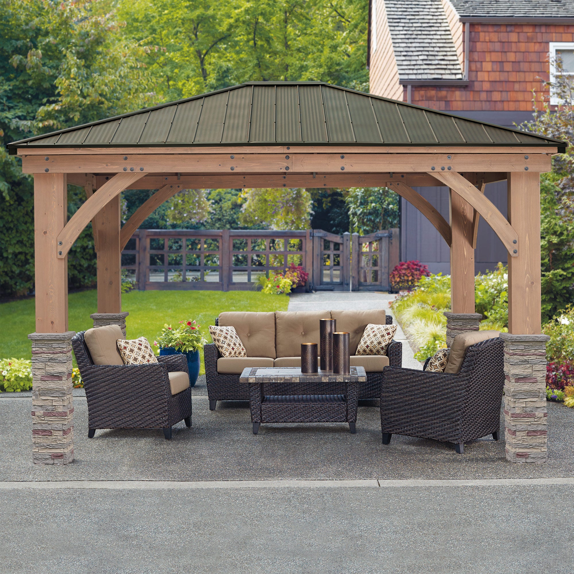 Yardistry 12 x 14 ft Cedar Wood Gazebo with Aluminum Roof, Brown, Gray Faux Stone