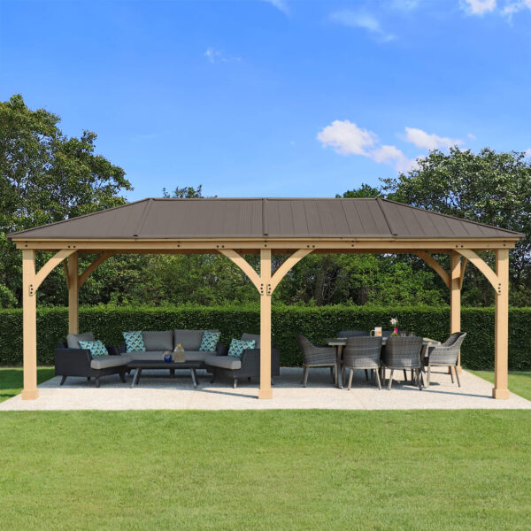 Yardistry Structures 12x24 ft Cedar Gazebo with Aluminum Roof, Natural Cedar/Coffee Brown