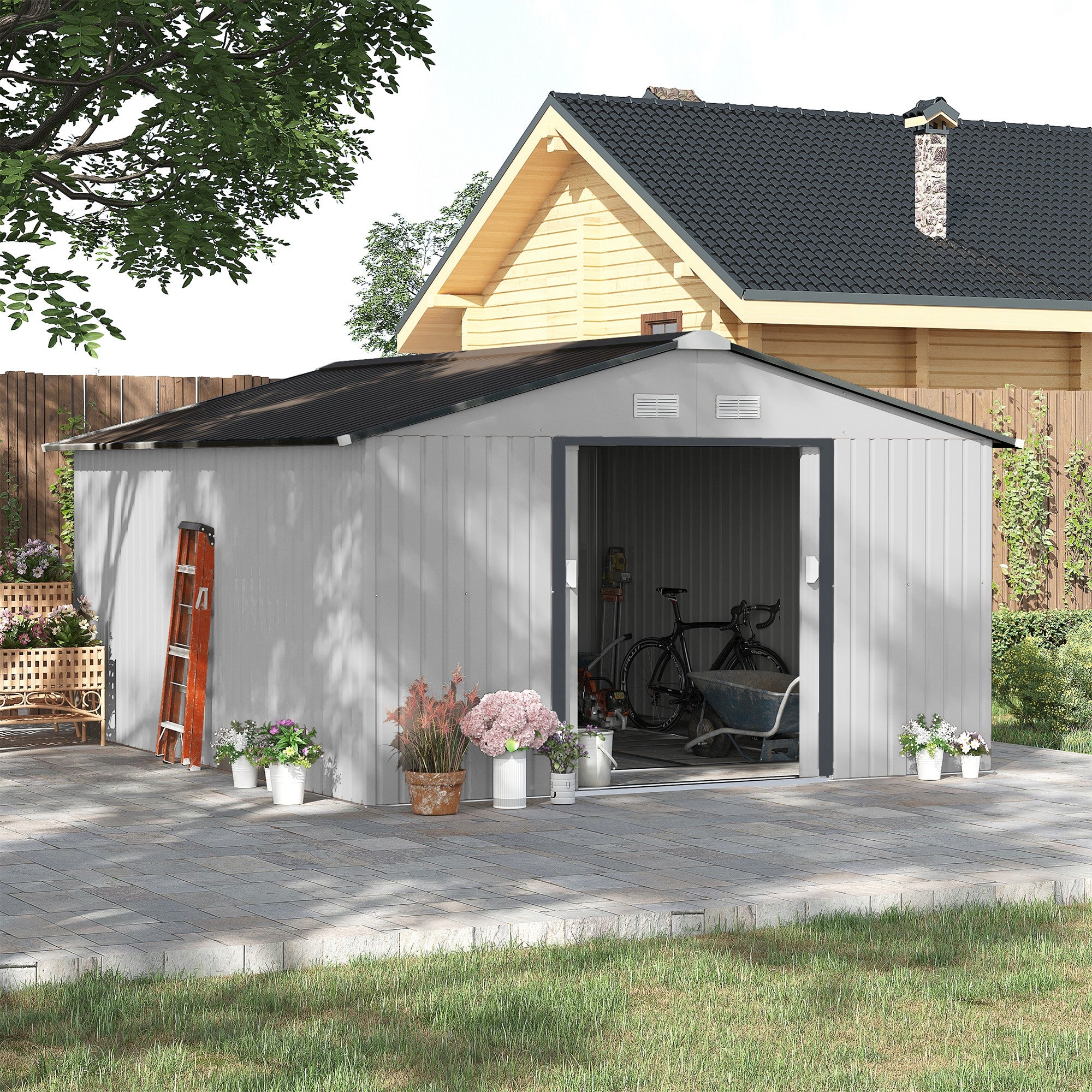 Outsunny Outdoor Storage Shed White 11' x 13' Galvanized Steel - Image 3