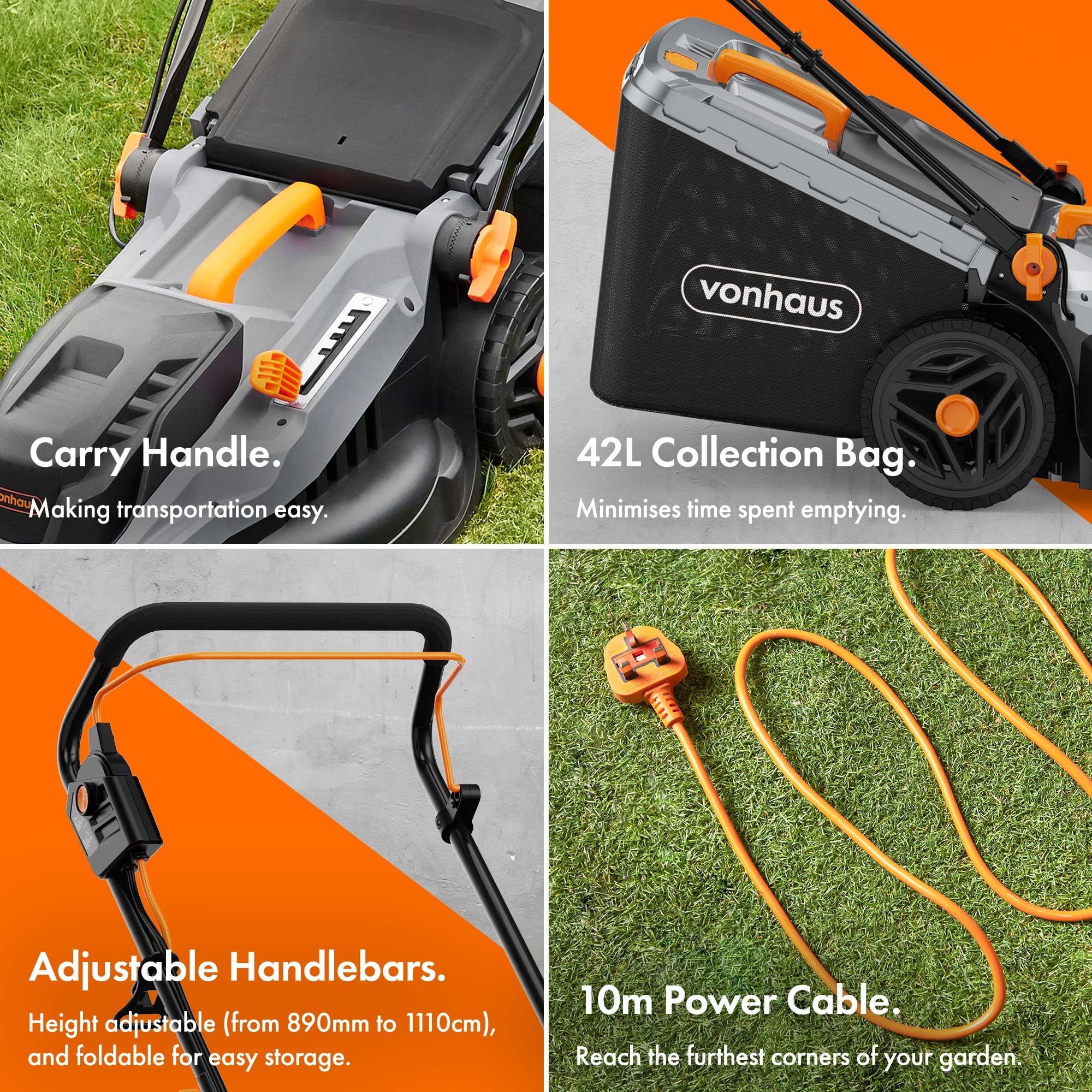 1600W Electric Lawn Mower with 42L Collection Bag & Adjustable Cutting Heights - Image 3
