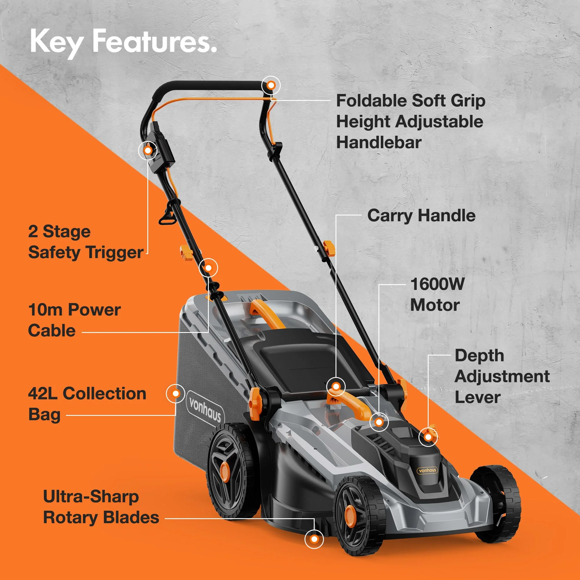 1600W Electric Lawn Mower with 42L Collection Bag & Adjustable Cutting Heights - Image 6