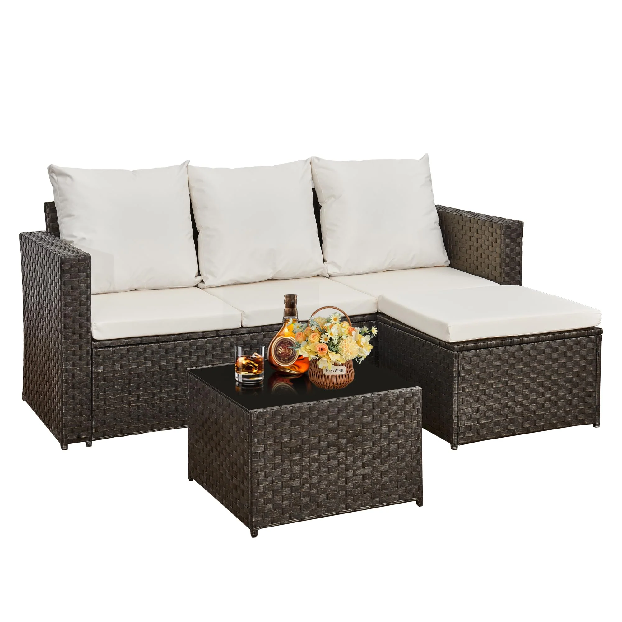 3 Piece Rattan Corner Sofa Set with Coffee Table & Cushions