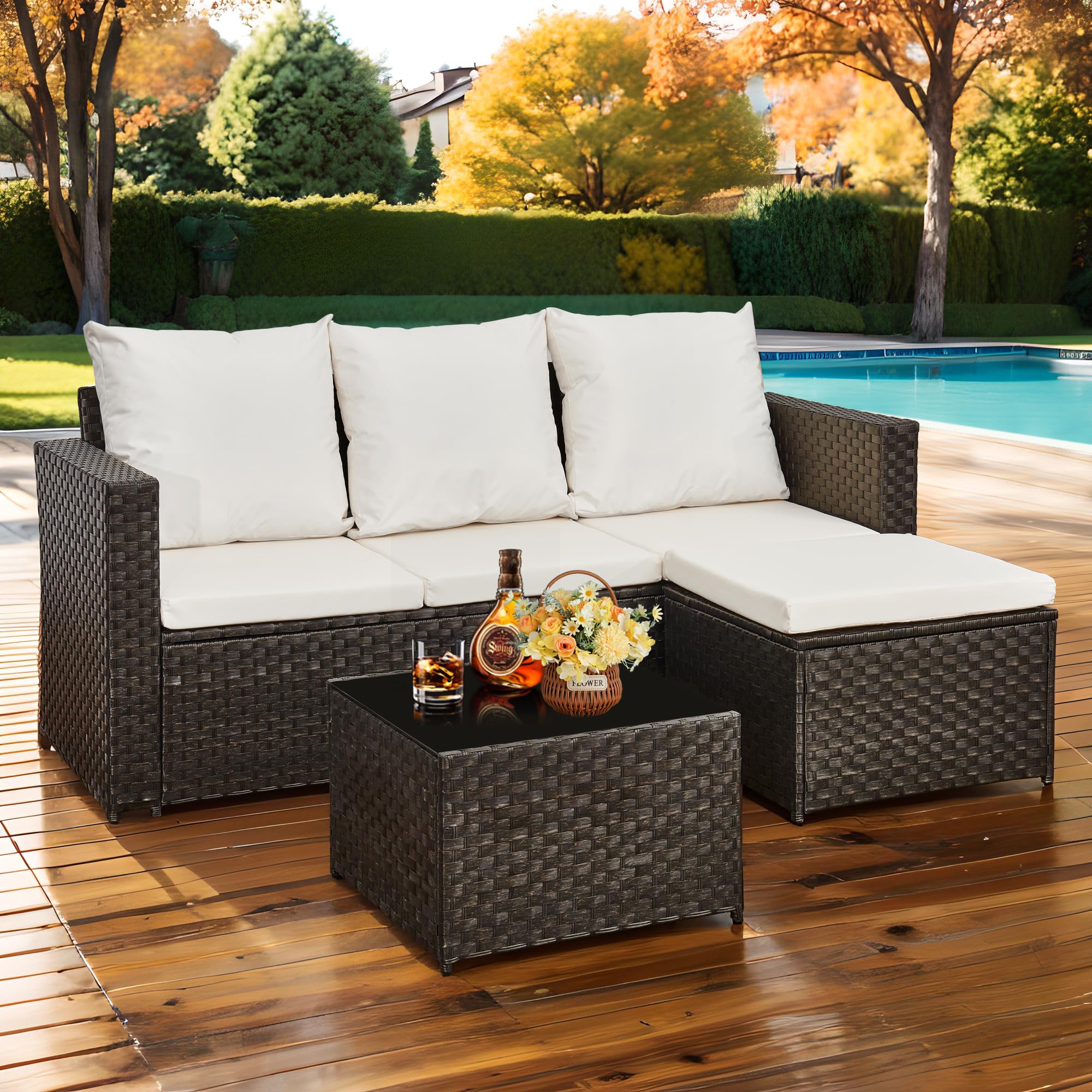 3 Piece Rattan Corner Sofa Set with Coffee Table & Cushions - Image 2