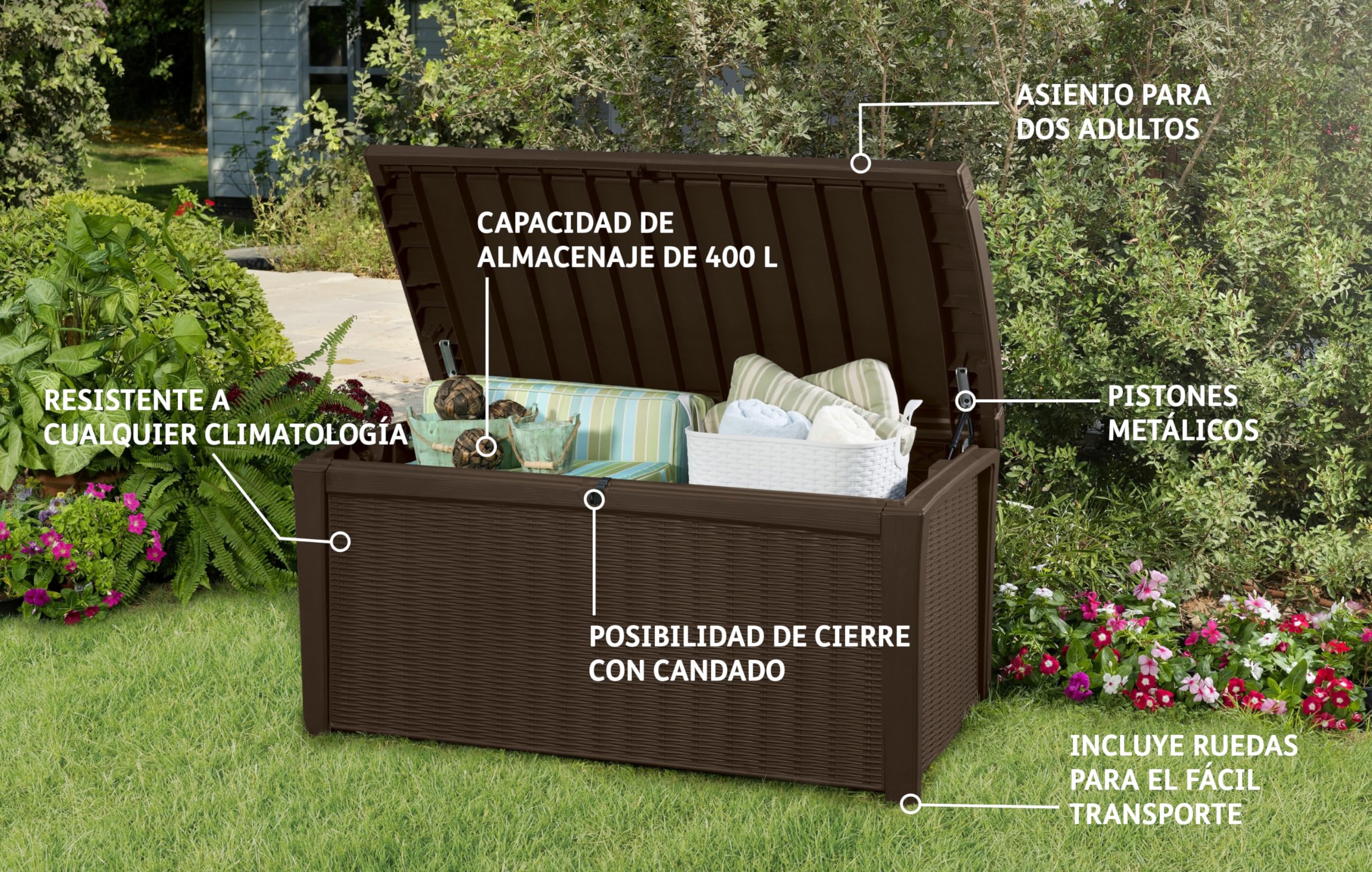 416L Outdoor Garden Storage Box with Lockable Lid & Rattan Effect Design - Image 2