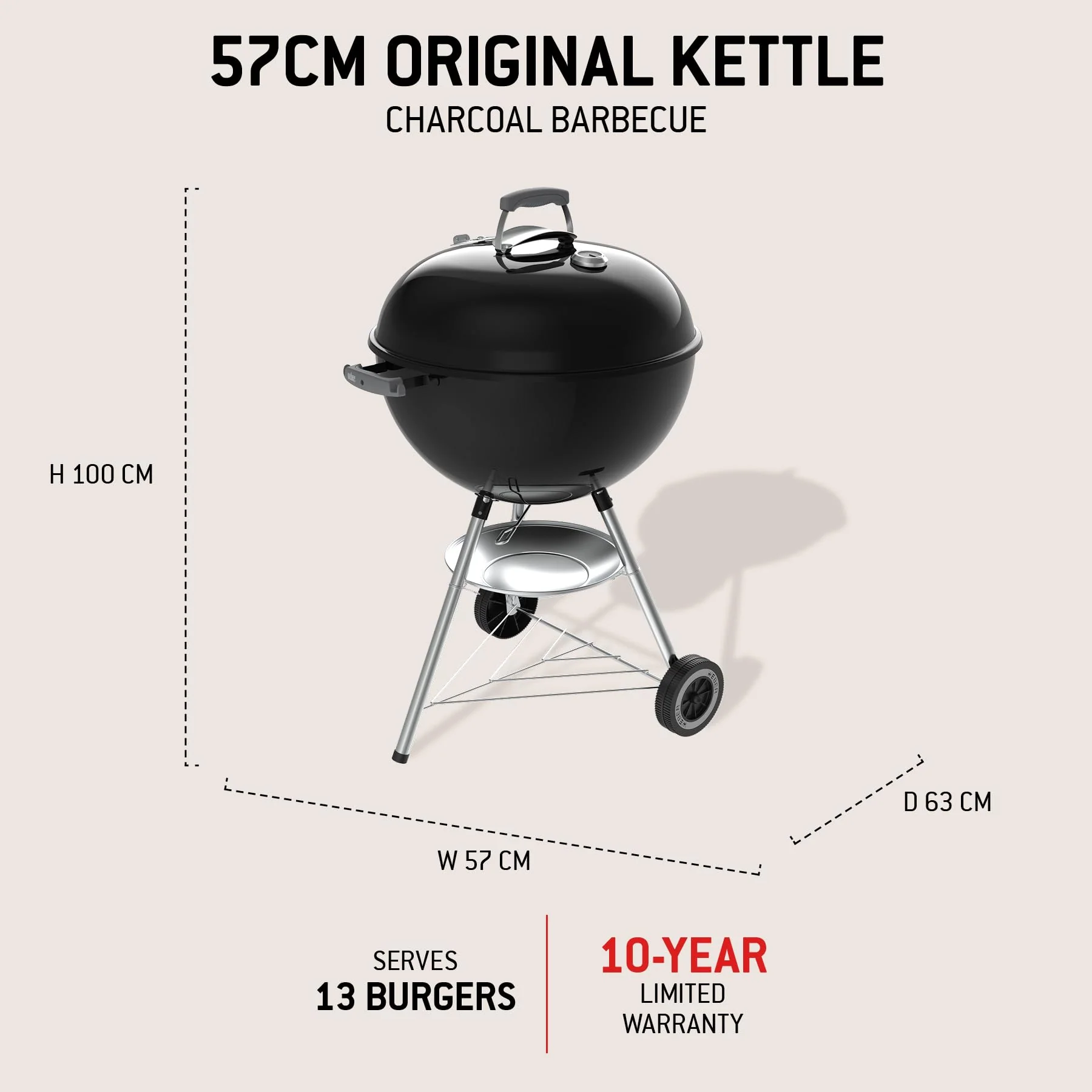 57cm Charcoal Kettle BBQ Grill with Lid Thermometer & One-Touch Cleaning System - Image 2