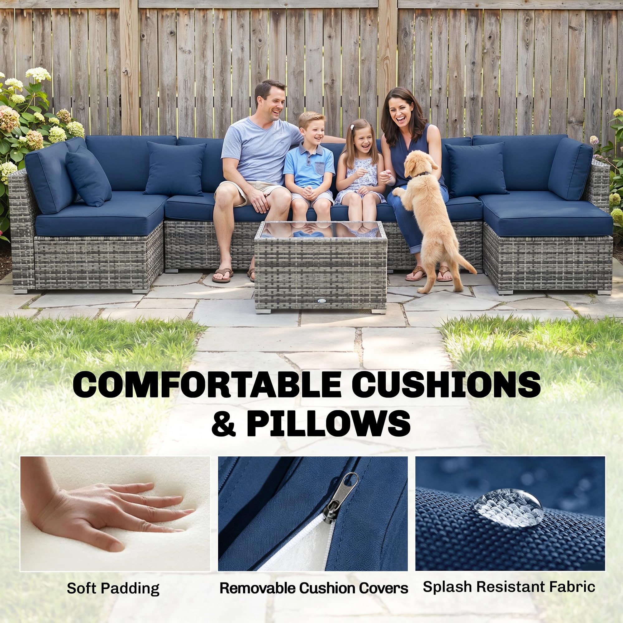 8 Piece Rattan Corner Sofa Set with Cushions & Glass Coffee Table - Image 6