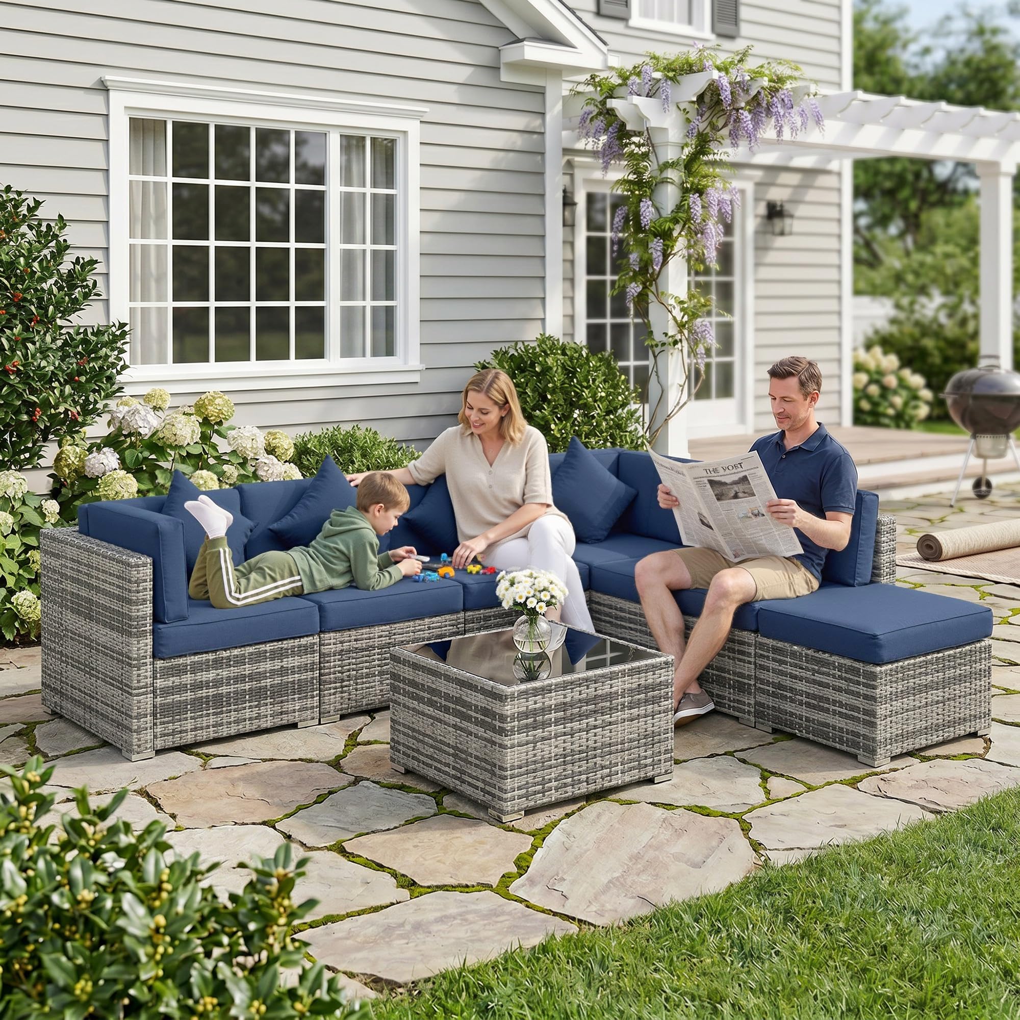 8 Piece Rattan Corner Sofa Set with Cushions & Glass Coffee Table - Image 9