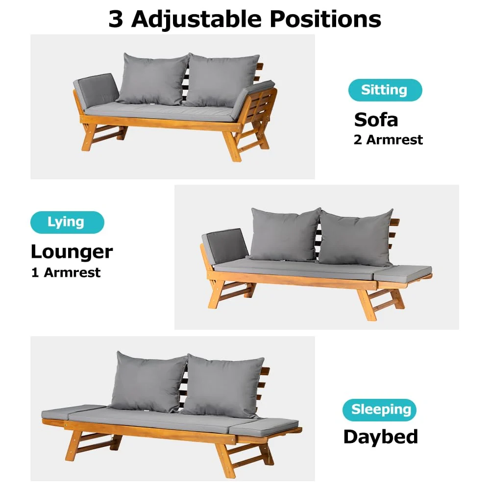 Acacia Wood Convertible Outdoor Sofa Bed with Adjustable Armrests & Cushions - Image 2