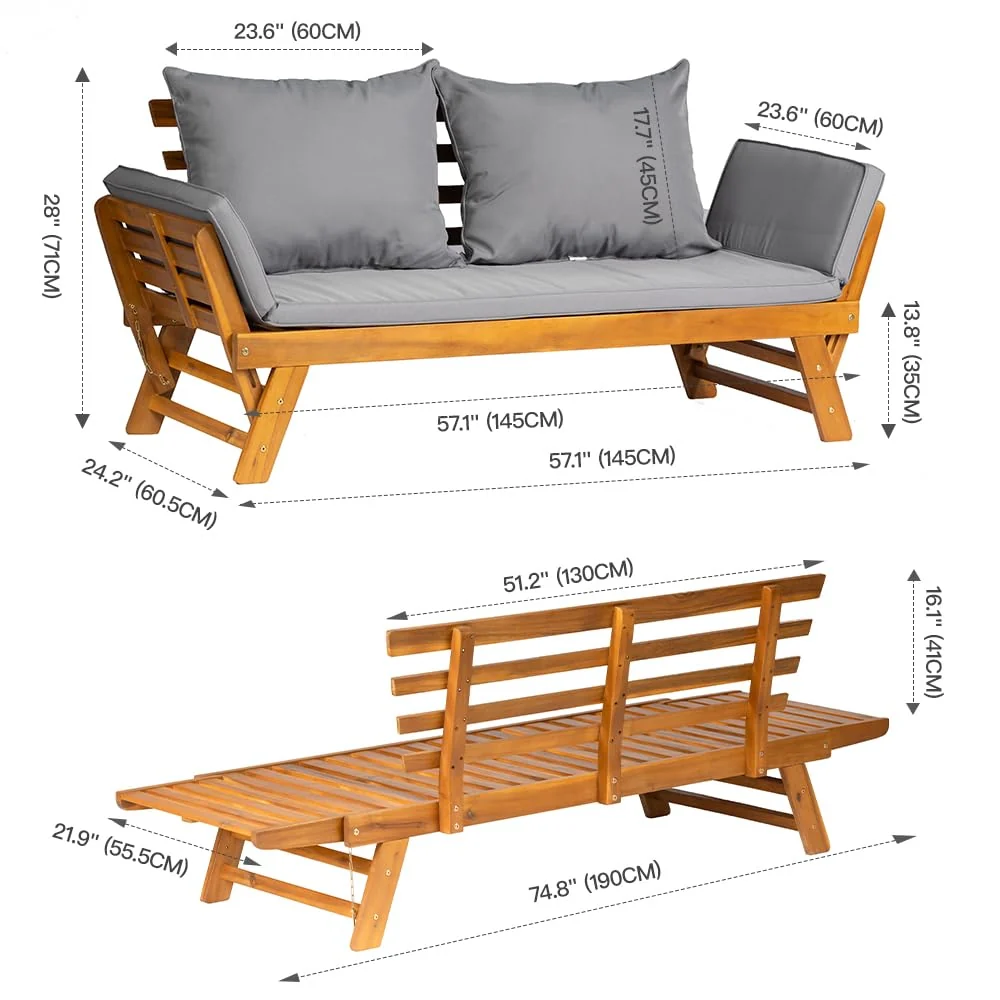 Acacia Wood Convertible Outdoor Sofa Bed with Adjustable Armrests & Cushions - Image 3