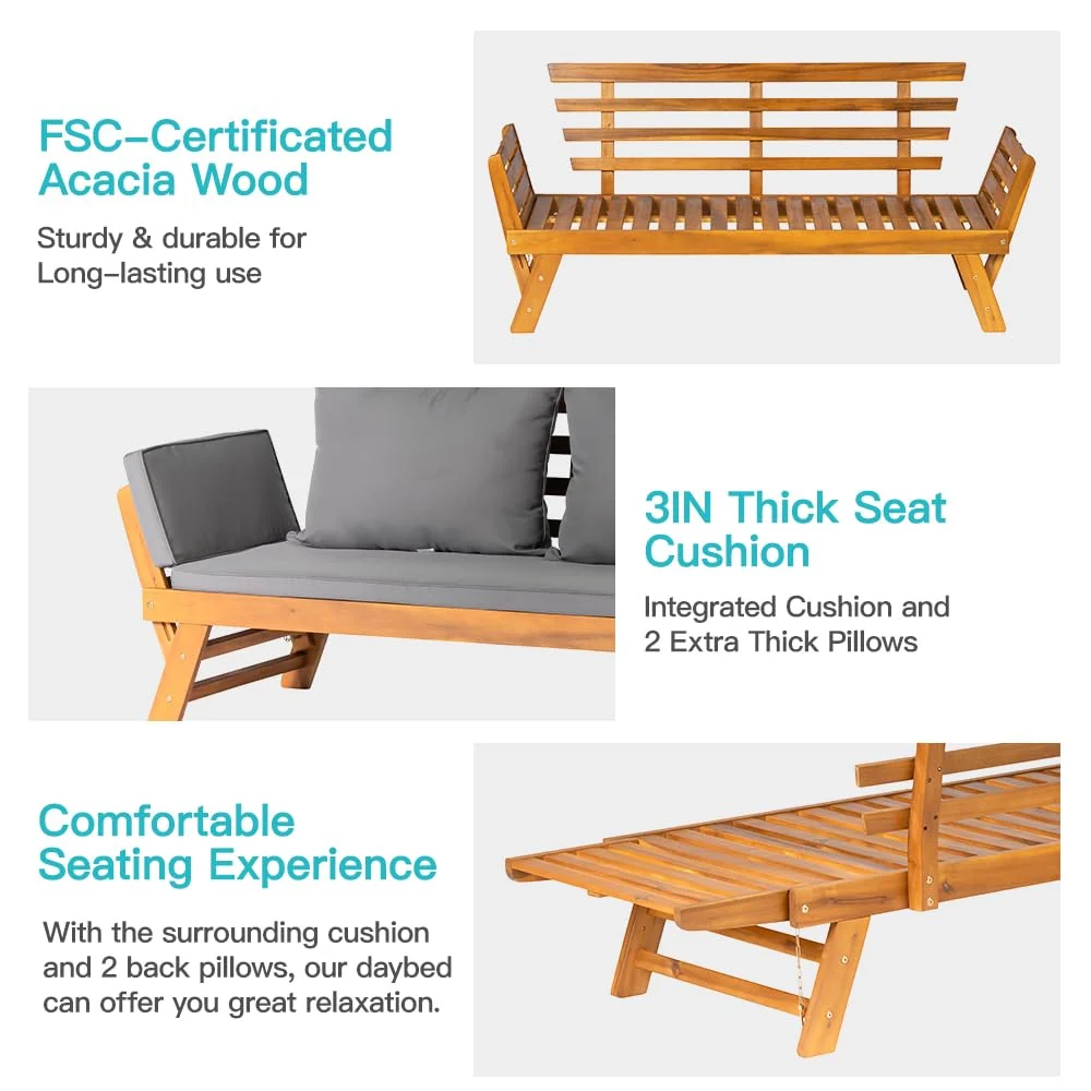 Acacia Wood Convertible Outdoor Sofa Bed with Adjustable Armrests & Cushions - Image 4