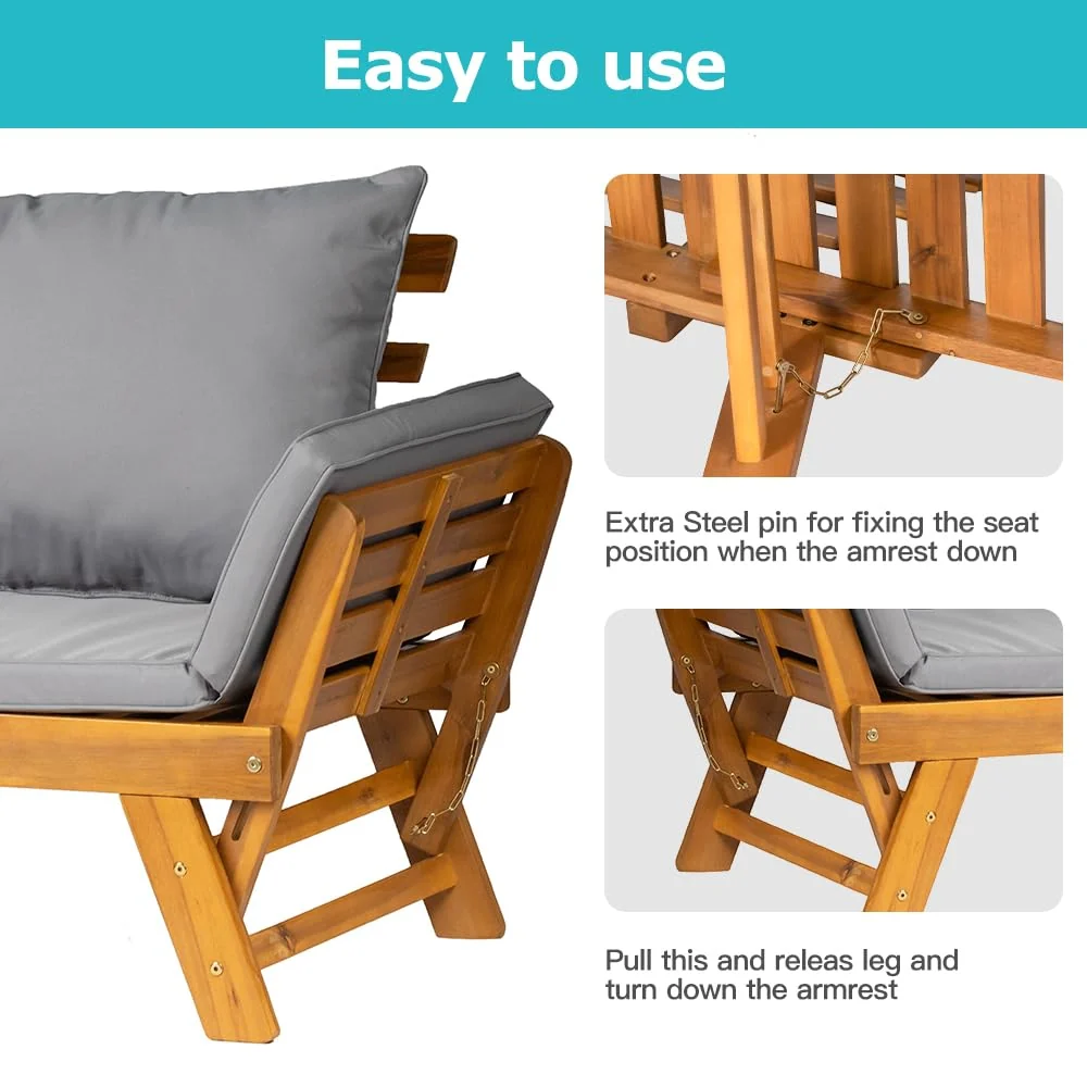 Acacia Wood Convertible Outdoor Sofa Bed with Adjustable Armrests & Cushions - Image 5