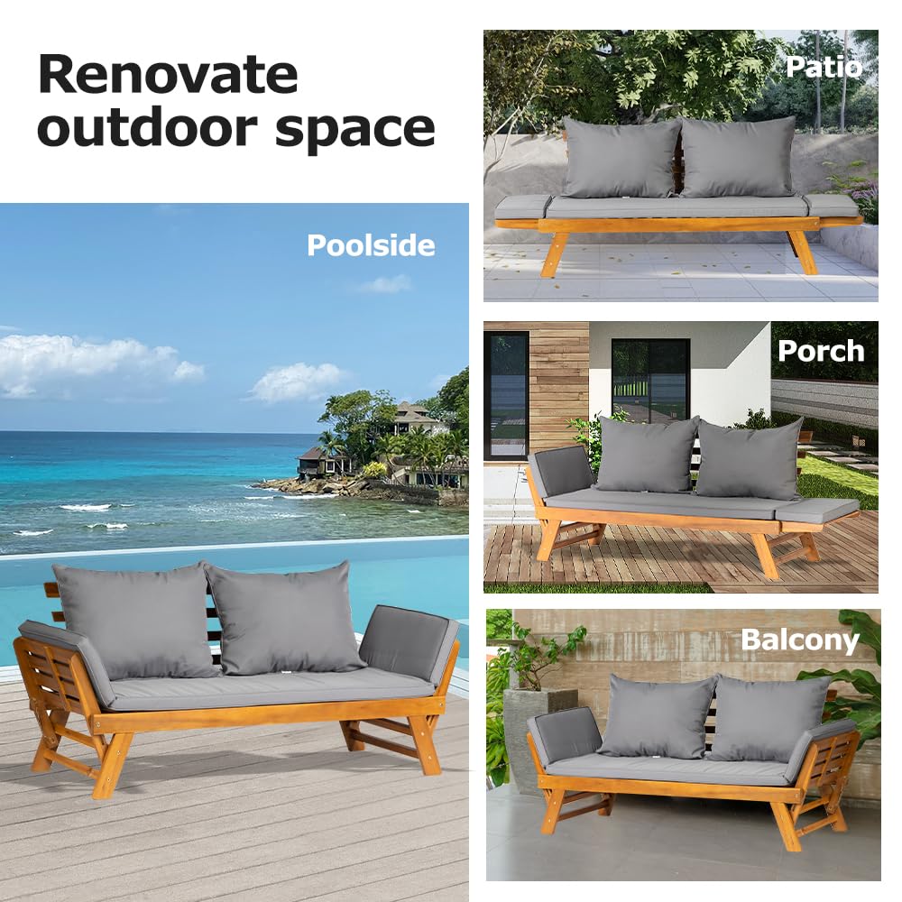 Acacia Wood Convertible Outdoor Sofa Bed with Adjustable Armrests & Cushions - Image 6