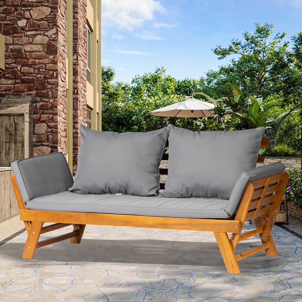 Acacia Wood Convertible Outdoor Sofa Bed with Adjustable Armrests & Cushions - Image 7