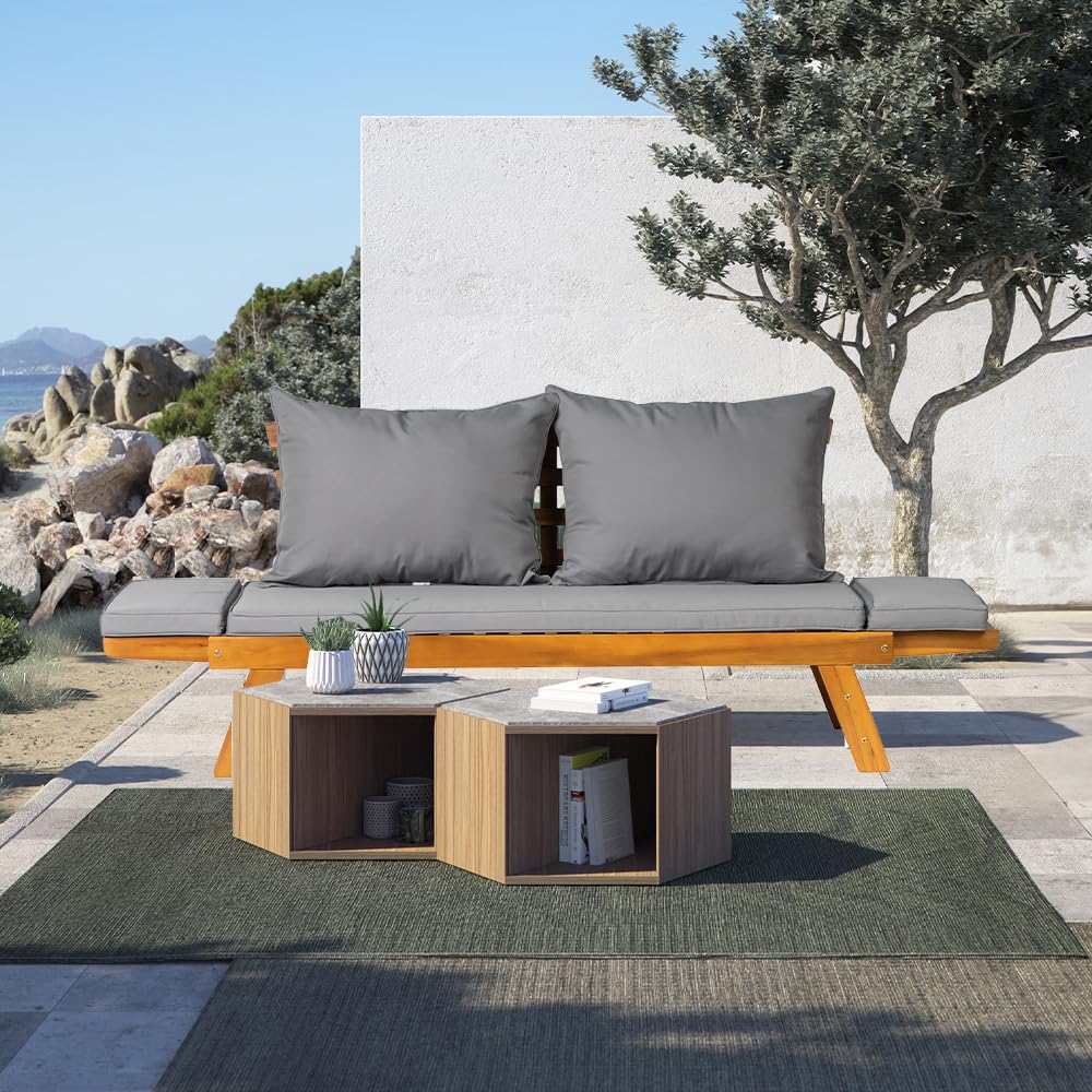 Acacia Wood Convertible Outdoor Sofa Bed with Adjustable Armrests & Cushions - Image 8