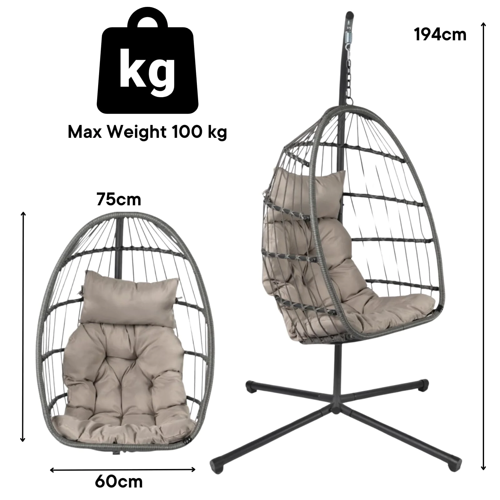 Hanging Egg Chair with Stand, Cushion & Foldable Rattan Basket - Image 3