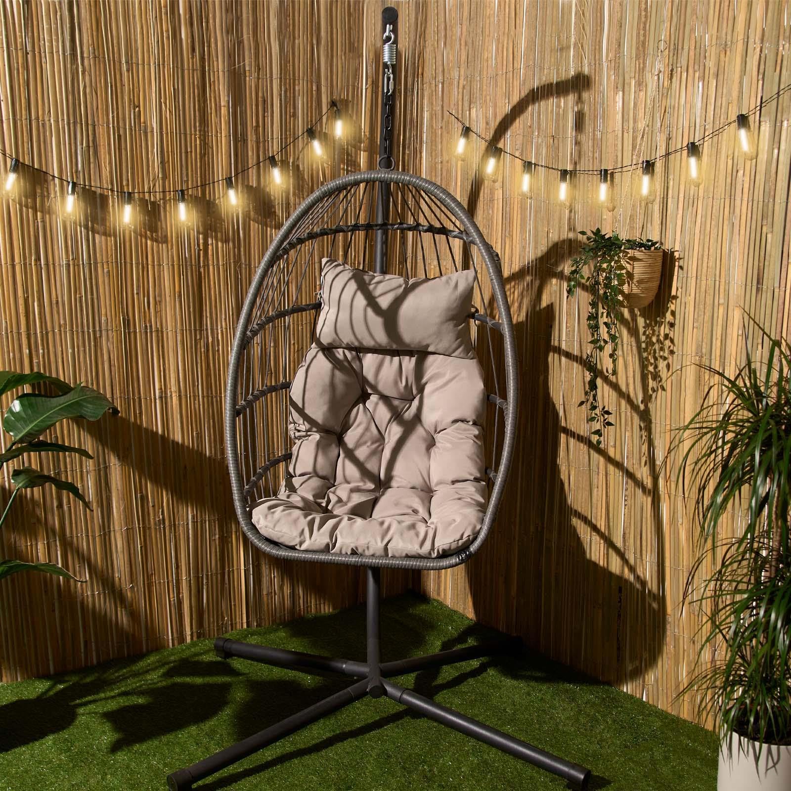 Hanging Egg Chair with Stand, Cushion & Foldable Rattan Basket - Image 6