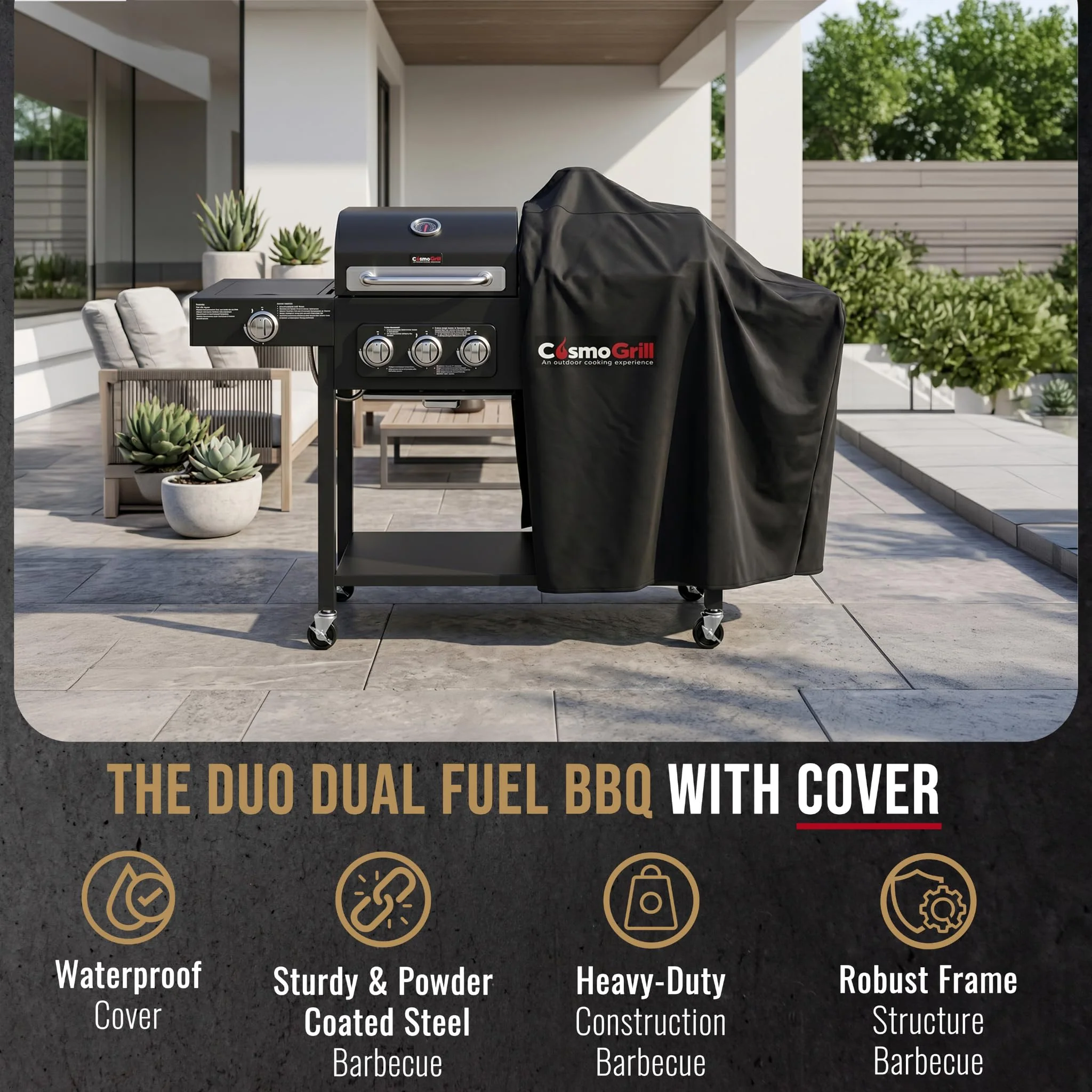 Hybrid Gas & Charcoal BBQ Grill with Smoker, Side Burner & Protective Cover - Image 3