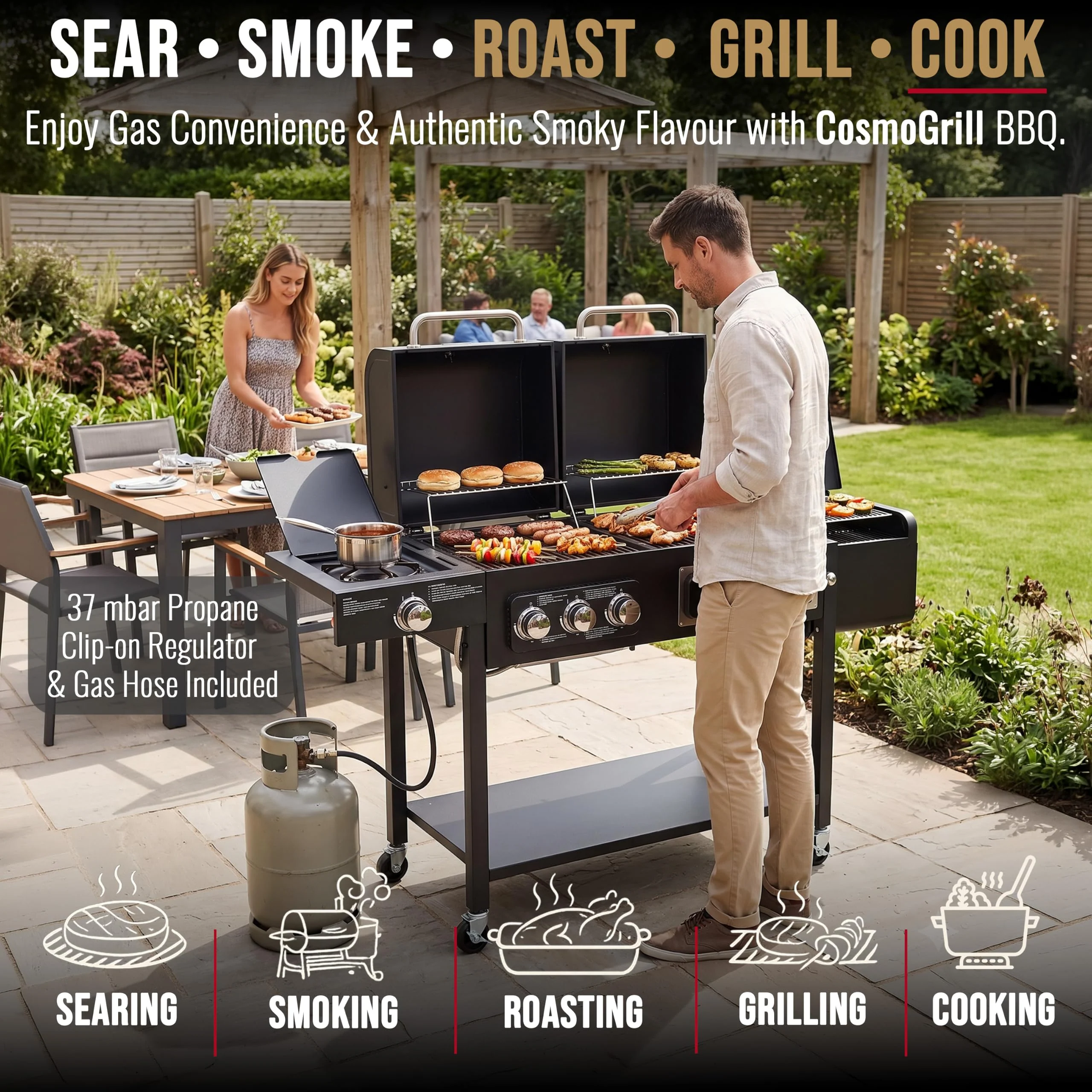 Hybrid Gas & Charcoal BBQ Grill with Smoker, Side Burner & Protective Cover - Image 4