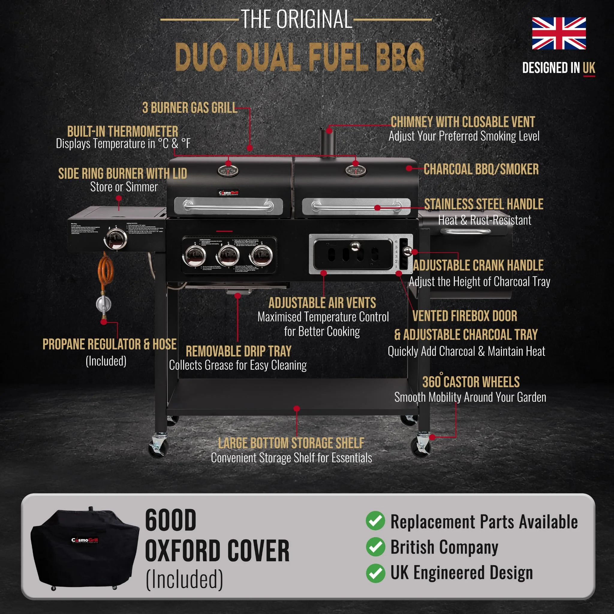 Hybrid Gas & Charcoal BBQ Grill with Smoker, Side Burner & Protective Cover - Image 7