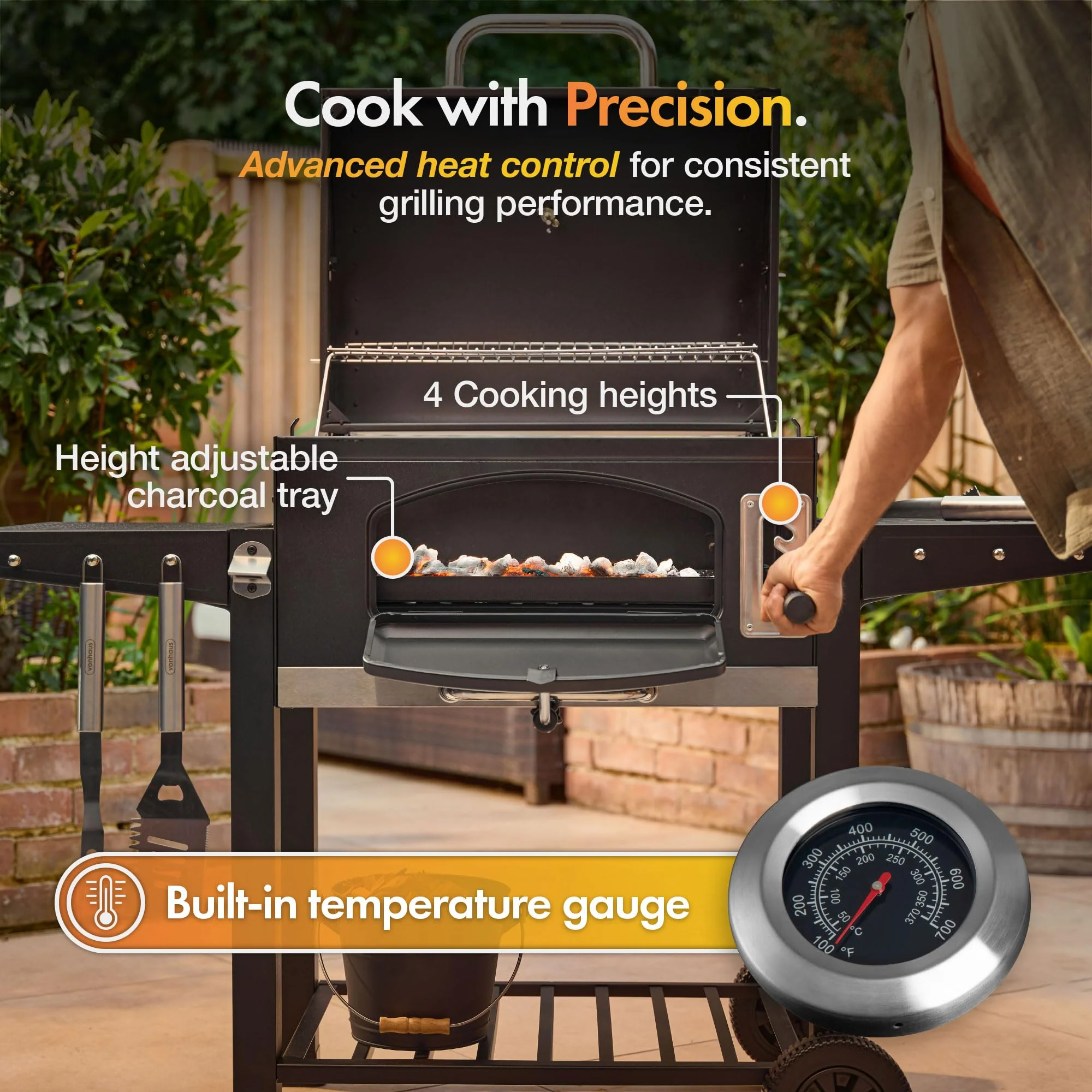 XL Charcoal BBQ Grill & Smoker with Cast Iron Grates, Side Shelves & Warming Rack - Image 4