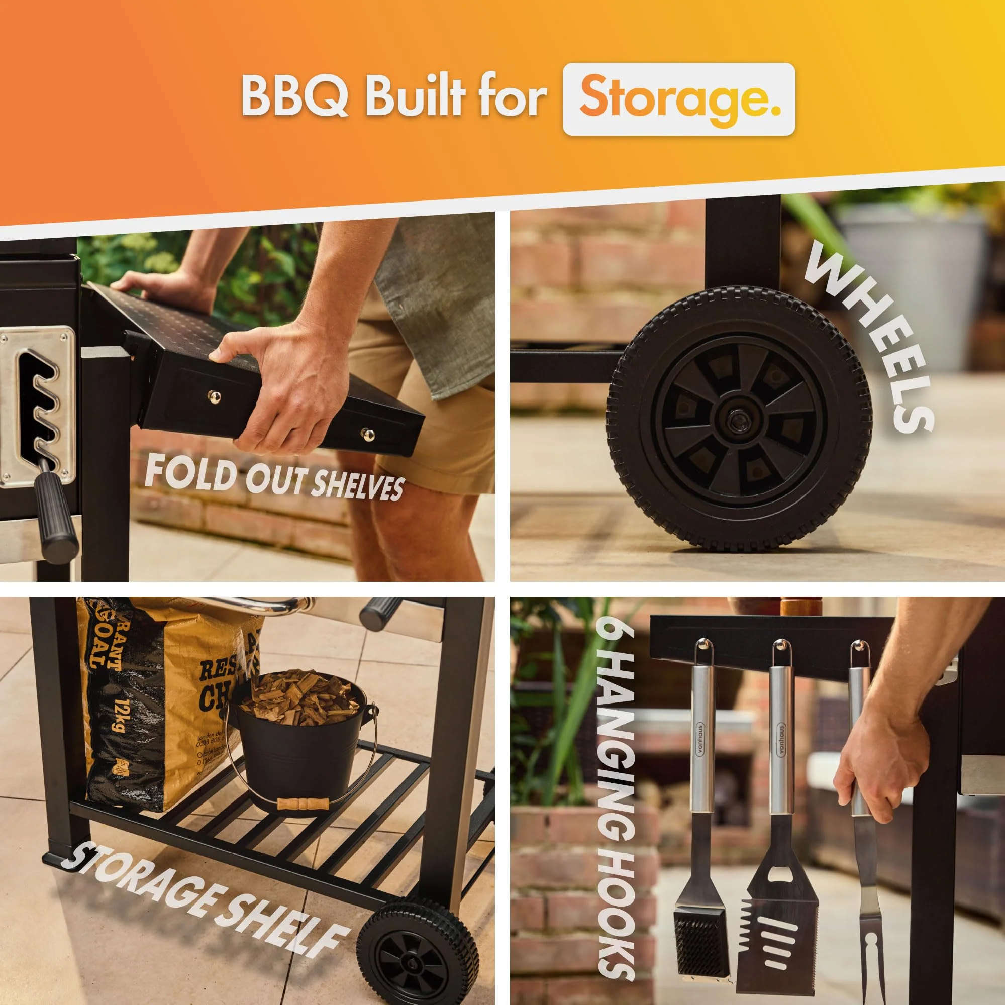 XL Charcoal BBQ Grill & Smoker with Cast Iron Grates, Side Shelves & Warming Rack - Image 6