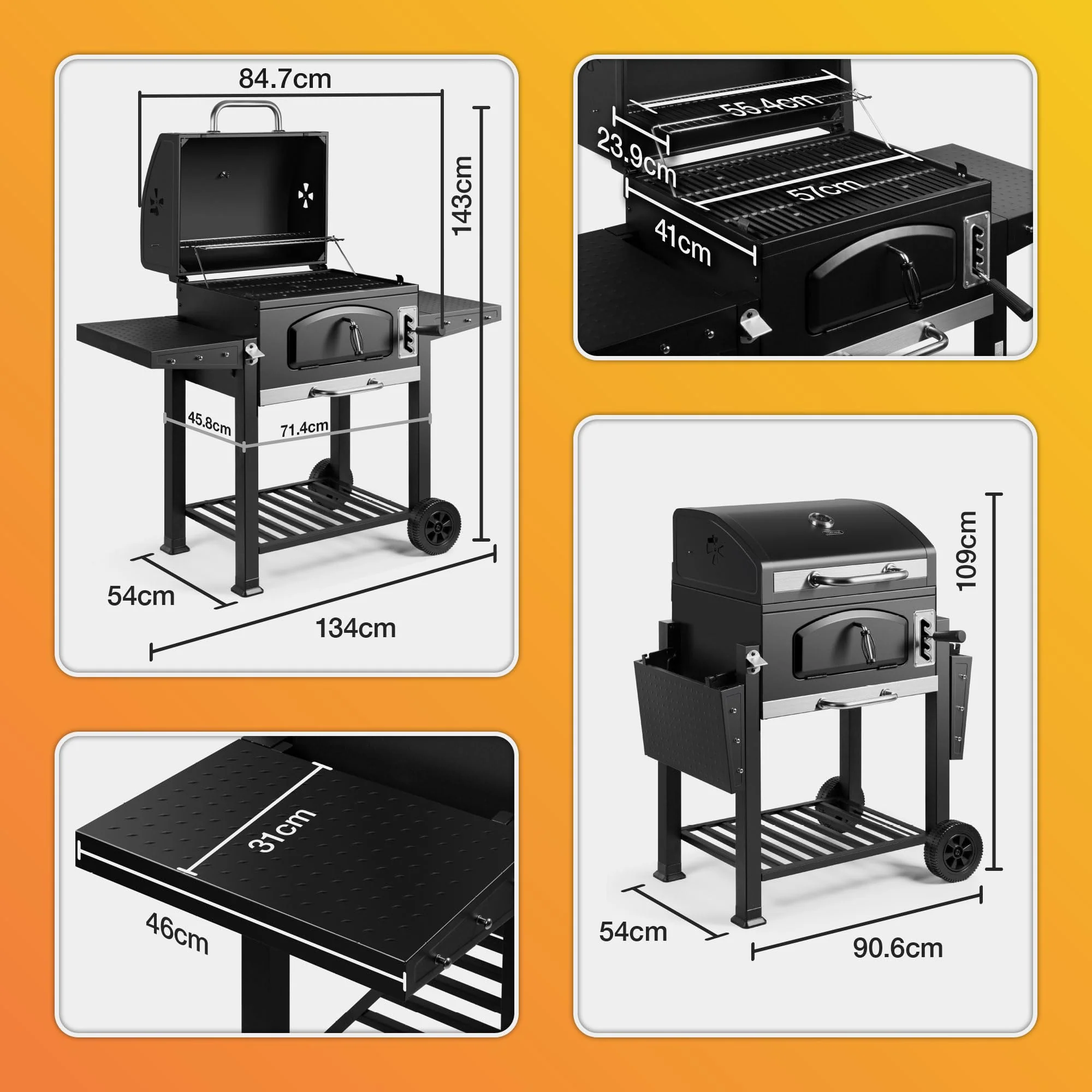 XL Charcoal BBQ Grill & Smoker with Cast Iron Grates, Side Shelves & Warming Rack - Image 9